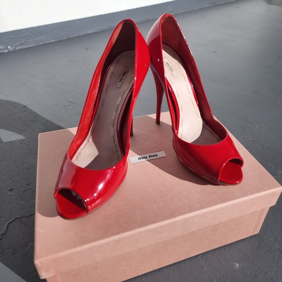 Miu Miu Red Patent Leather Open Toe Pumps Heels 👠 - Picture 5 of 10